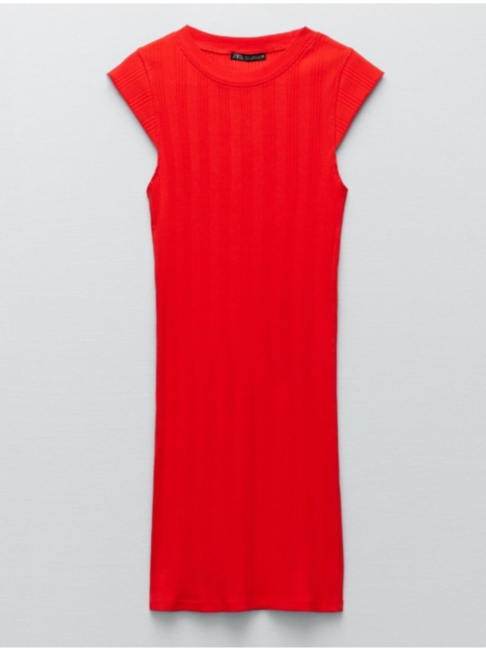 ZARA Orange Red Ribbed Knit Cap-Sleeve Mini Dress Bodycon Size S Small NEW